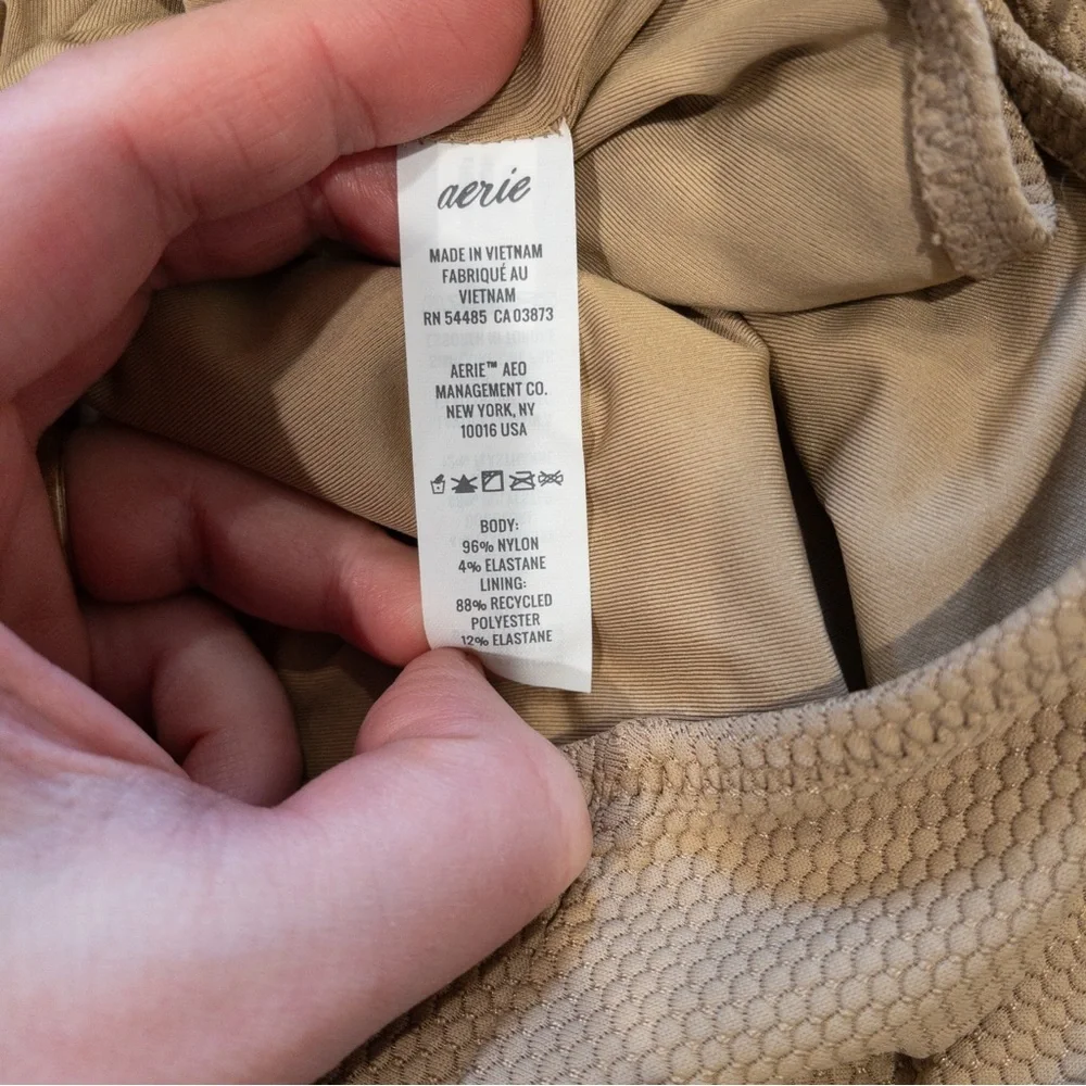 Aerie Pique Lace Up Bandeau One Piece Swimsuit Women's Large Tan Full Coverage